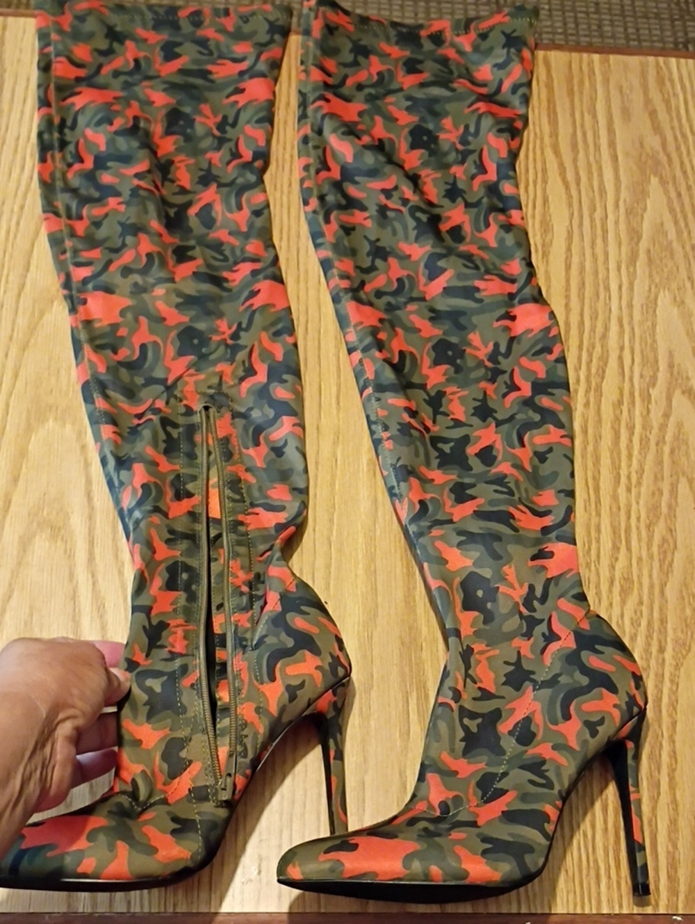 Over-the-Knee Camouflage Stiletto Boots in Olive & Orange